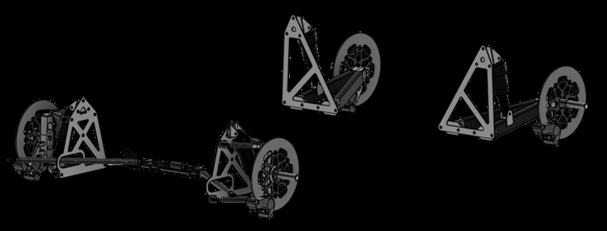 Double-wishbone front and trailing-arm rear suspension and steering assembly, CAD render