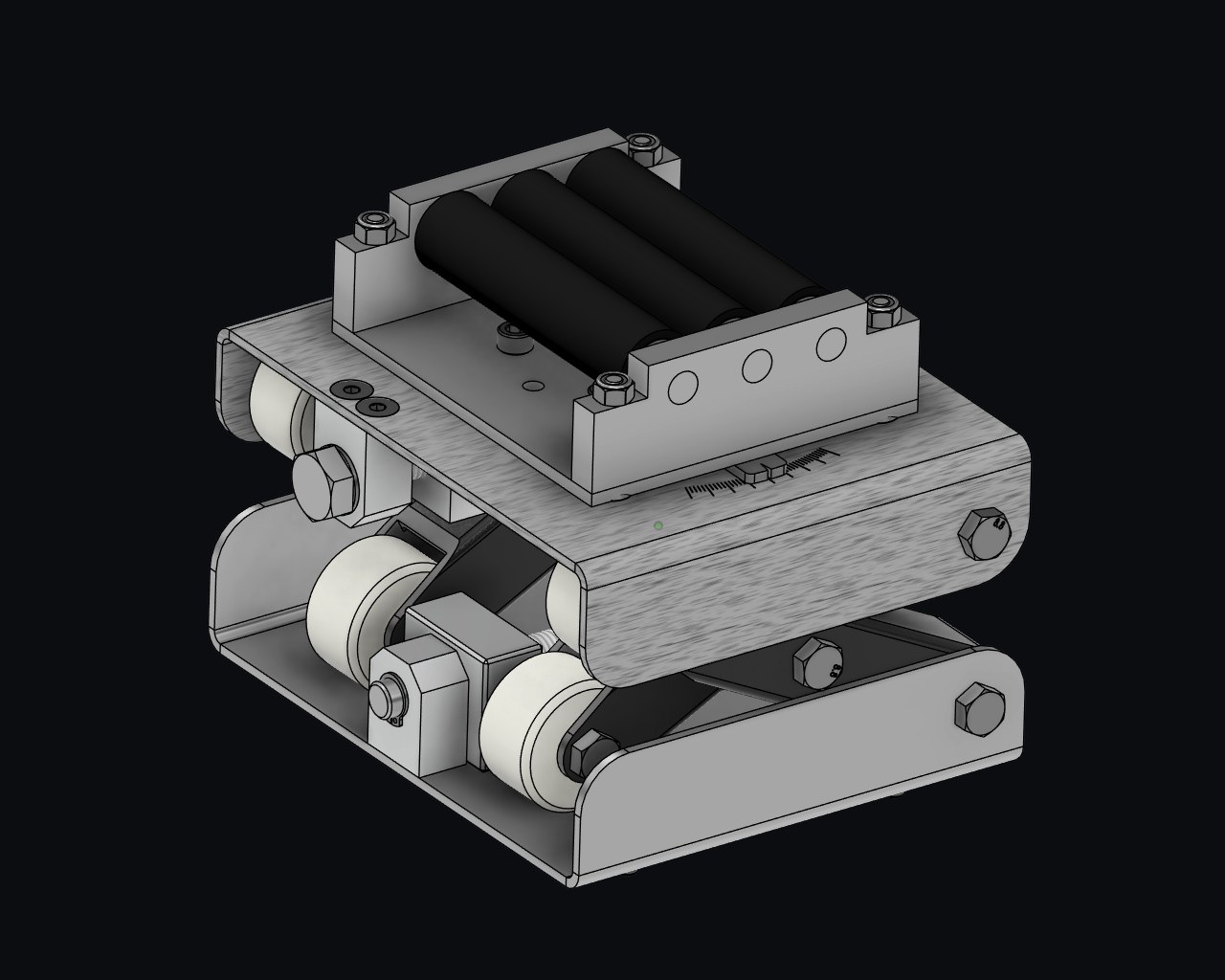 CAD render of the scissor-lift and roller loading mechanism, detail view